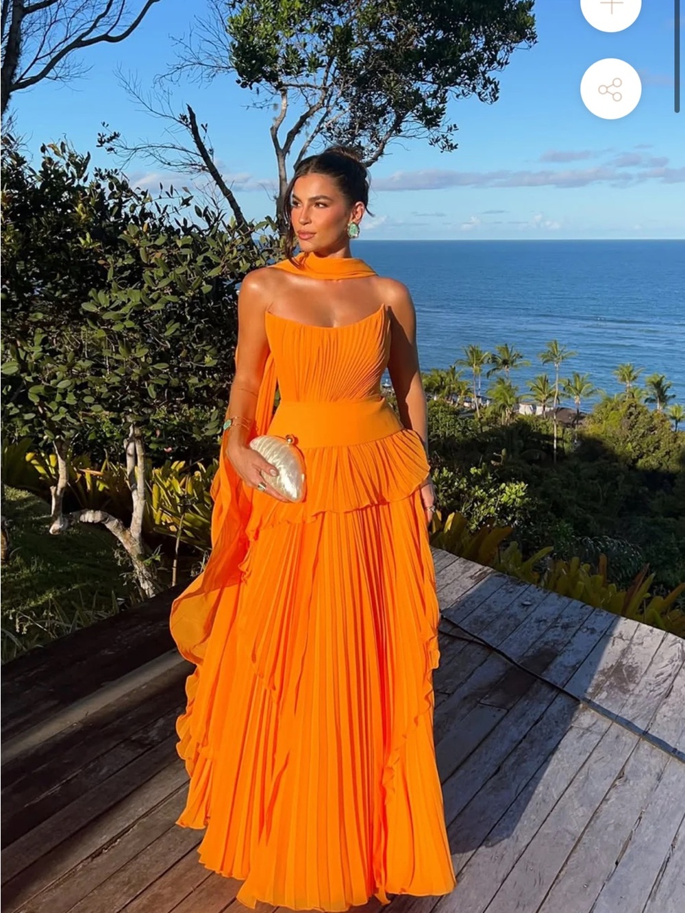 Orange Pleated Wedding Guest Dress with Scarf